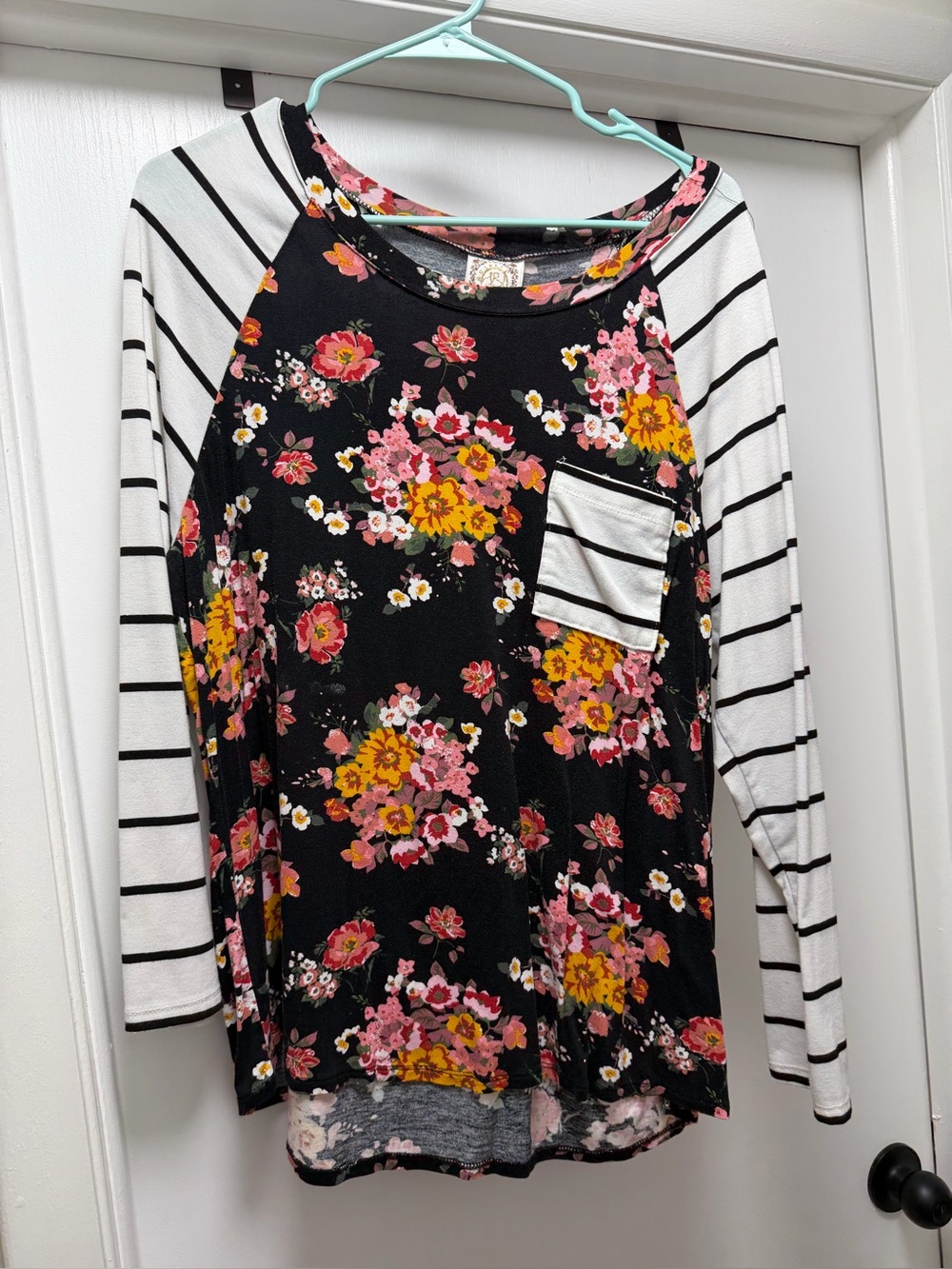 Black Floral Raglan Long Sleeve Top with Striped Sleeves